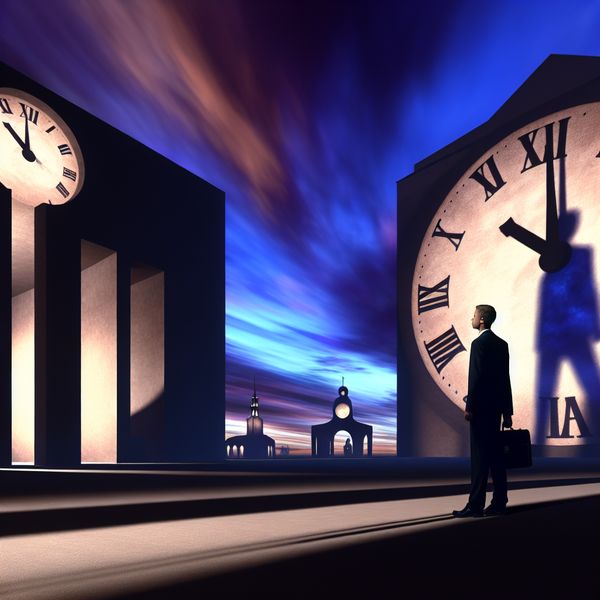 Surrealistische Kloktoren Landschap voor Taal Leercontext Grand clock tower at twilight with a silhouetted person holding a briefcase, symbolizing punctuality.