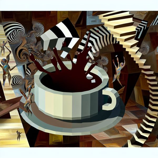 Surrealistische Koffiemok met Geometrische Bitterheid Surrealistische afbeelding van een gigantische koffiemok die overloopt met bittere koffie, omgeven door geometrische structuren en blije figuren die suiker bijdragen aan de lucht.