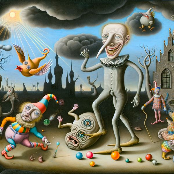 Surrealistische komische scène met een overdreven karakter dat een grote vis achtervolgt, omringd door fantasi-wezens.