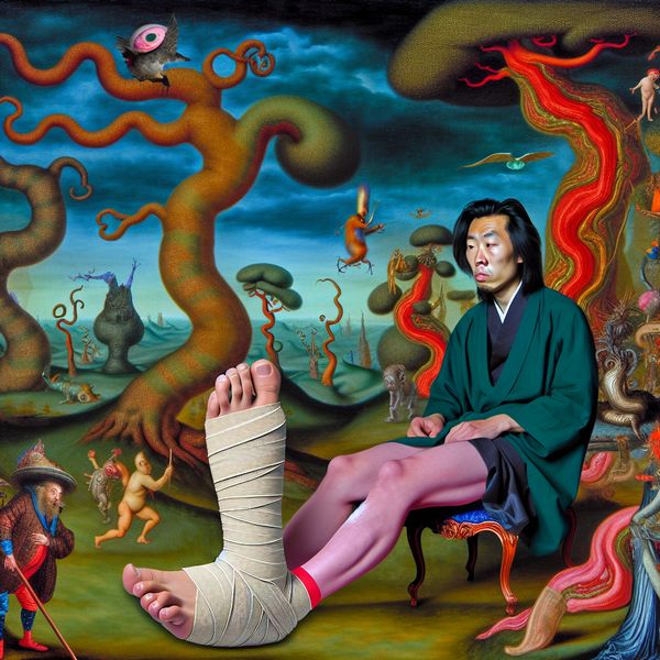 Surrealistische kunst van een geblesseerde enkel Een surrealistisch tafereel van een persoon met een prominente, geblesseerde enkel, omhuld met een kleurrijk verband, te midden van bizarre wezens en fantastischer elementen.