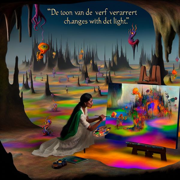 Surrealistisch kunstwerk geïnspireerd door Bosch over kleurverandering Een surrealistisch schilderij met een kunstenaar die in een fantastische omgeving werkt, omringd door kleurrijke creaties die uit het doek komen.