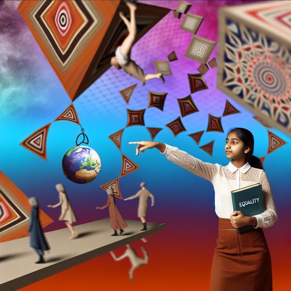 Surrealistische kunst over sociale ongelijkheid en bewustzijn Surrealistische afbeelding van een jonge vrouw die omringd is door optische illusies die sociale ongelijkheden zoals gender en ras representeren, met een boek en een globe.
