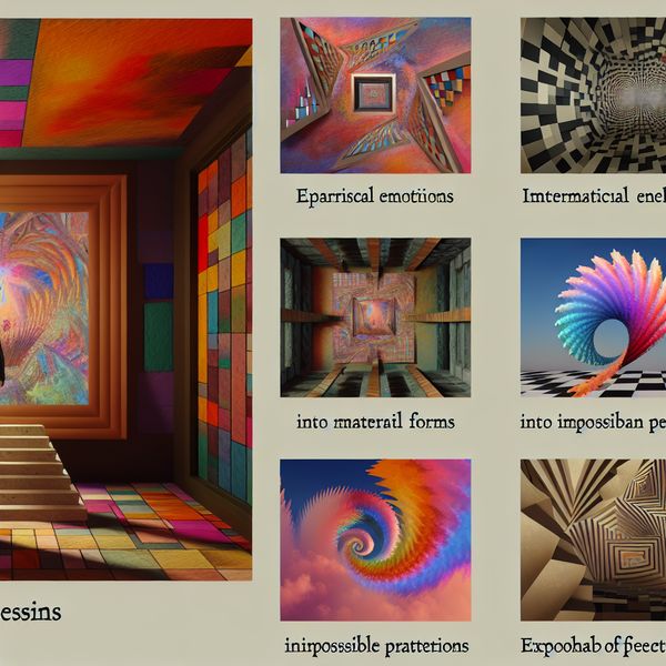 Surrealistische kunstenaar in geometrische studio Surrealistisch beeld van een kunstenaar in een levendige, geometrische studio met intrigerende patronen en onmogelijke structuren.