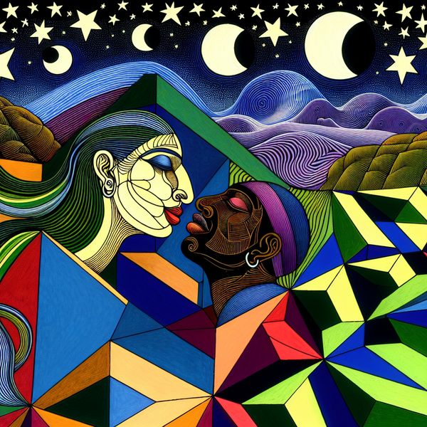 Surrealistische Kus Onder Sterrenhemel in Escher-Stijl Een surrealistisch tafereel van twee figuren die elkaar omhelzen onder een sterrenhemel, met geometrische patronen en vloeiende lijnen.