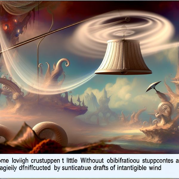 Een surrealistisch beeld van een grote, versierde lamp die in de lucht balanceert boven een fantasielandschap met vreemde wezens en kronkelige bomen.