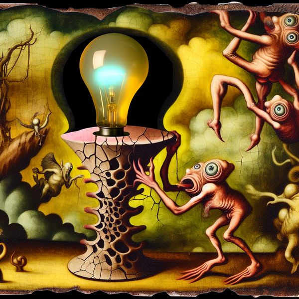 Surrealistische lamphouder die ondersteuning biedt aan een grote lamp Surrealistisch tafereel met een gebroken lamphouder die een enorme, gloedvolle lamp ondersteunt te midden van bizarre wezens.