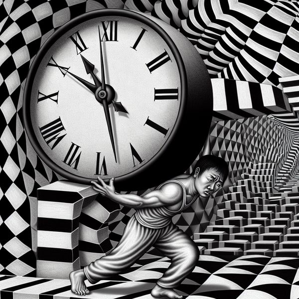 Een persoon met een zware klok van ingewikkelde geometrische patronen, met de handen van de klok die op onmogelijke manieren draaien, in een surrealistische setting.
