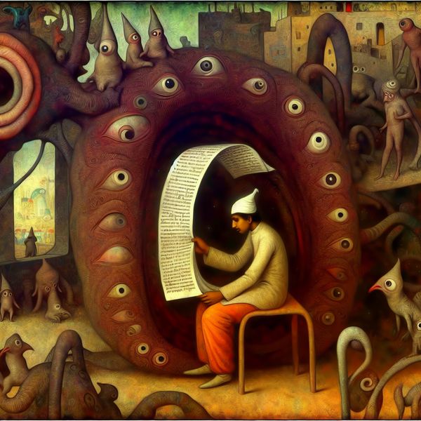 Een persoon leest een klein, kleurrijk krantje in een surrealistische omgeving vol vreemde wezens.