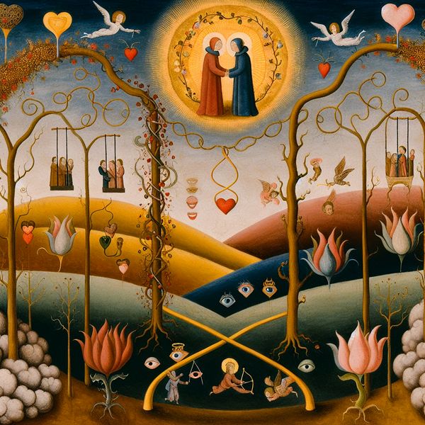 Surrealistisch schilderij in de stijl van Jheronimus Bosch van twee geliefden in een magische tuin vol symbolische details die verliefdheid uitbeelden