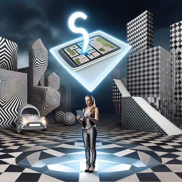Surrealistische illustratie in de stijl van M.C. Escher van een persoon met een smartphone die een gloeiende kaart toont met een locatiepin, omringd door een onmogelijke geometrische stadslandschap met een parkeerplaats en optische illusies