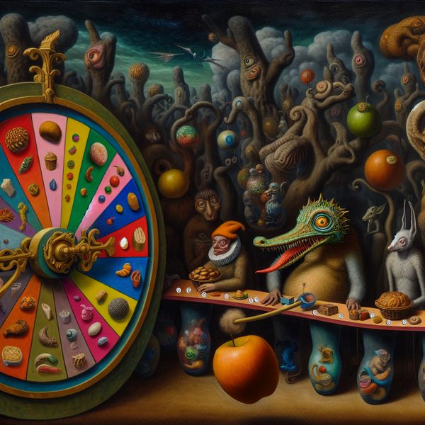 Surrealistische Lotto Inspraak Hieronymus Bosch Een surrealistisch tafereel met een diverse groep fantasierijke wezens die om een kleurrijk draaiend rad staan te wachten om een keuze te maken.