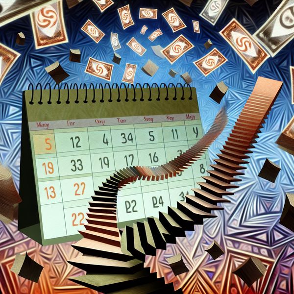 Surrealistische Illustratie van Maandelijkse Betalingen Surrealistische geometrische illustratie van een kalender met de eerste dag van de maand en imposante geometrische vormen die het proces van maandelijkse betalingen voorstellen.