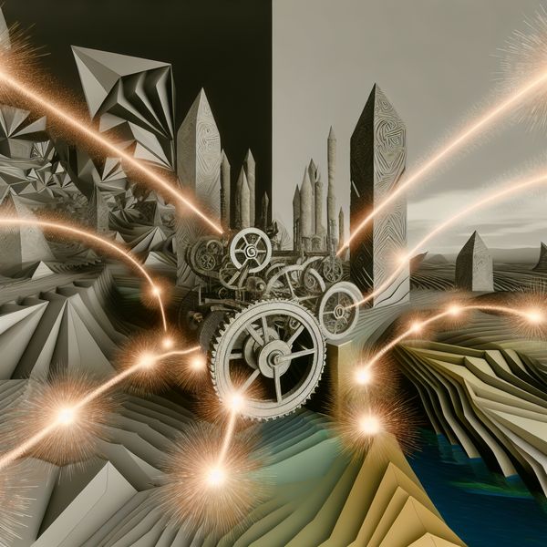 Surrealistische machine in beweging met vonken Surrealistische afbeelding van een draaiende machine omringd door gloedvolle vonken