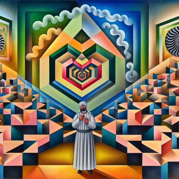 Surrealistisch tafereel van een man die liefde vormt met geometrische elementen Een surrealistisch geometrisch tafereel met een man die zijn liefde vormt met zijn handen in een wereld van optische illusies en geometrische structuren.
