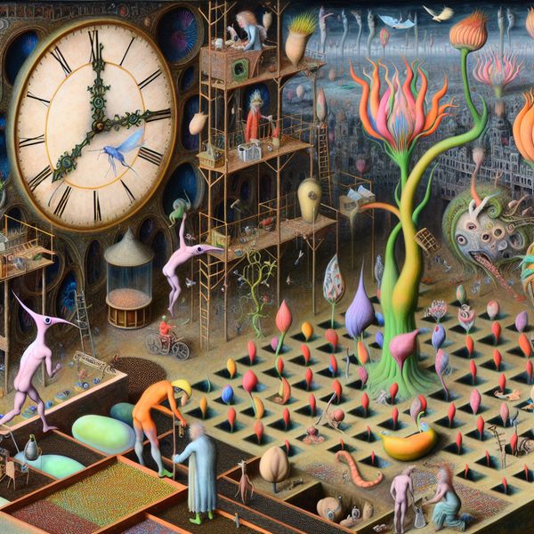 Surrealistisch marktpleintje met bizarre wezens en ongebruikelijke planten rond een grote klok die het 'juiste moment om te handelen' aangeeft.