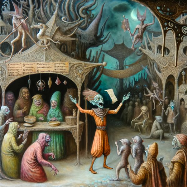 Surrealistische Markt met Nieuwsboodschapper en Fantastische Wezens Een kleurrijk surrealistisch marktplein met een nieuwsboodschapper die communiceert met bizarre wezens.