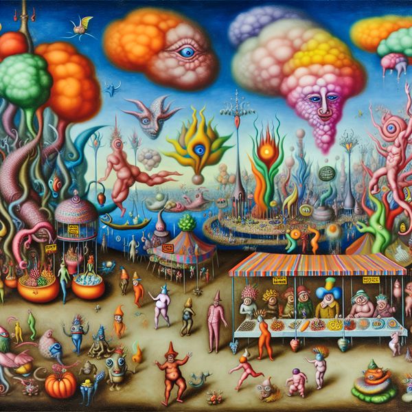 Surrealistisch marktpleintje met fantasierijke wezens en kleurrijke kraampjes die het idee van uitbreiding illustreren
