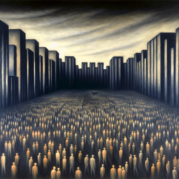 Hyperrealistisch en surrealistisch stadsplein bij schemering met een enorme anonieme menigte, illustratief voor het concept 'tweehonderden' of een grote hoeveelheid mensen