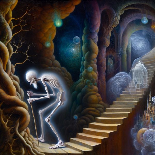 Surrealistisch tafereel van een fragiele oudere man die met weinig kracht een steile trap beklimt, omringd door symbolische obstakels in een droomachtige omgeving