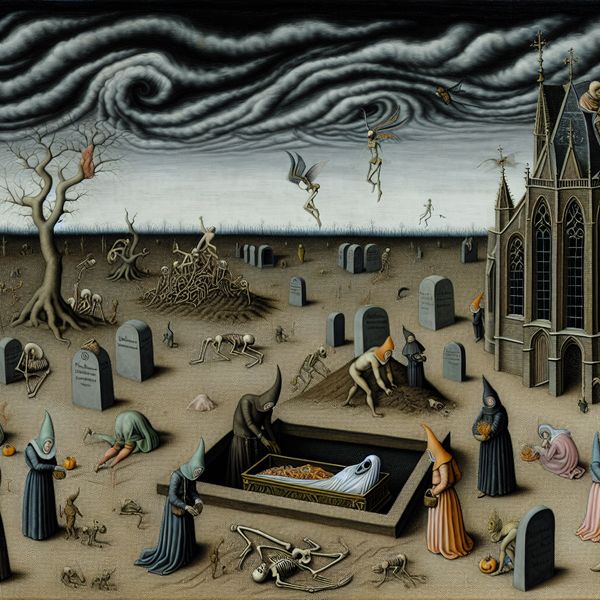 Middeleeuwse uitvaartceremonie met surrealistische elementen - taal en cultuur leren Surrealistische middeleeuwse uitvaartceremonie in de stijl van Jheronimus Bosch, met rouwenden rond een open graf, skelethanden en mysterieuze wezens in een gotische begraafplaats