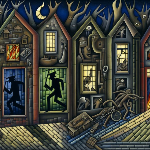 Surrealistisch nachtelijk straatbeeld met inbreker en bizarre symbolen van misdaad, geïnspireerd op Hieronymus Bosch