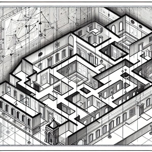 Plattegrond museum in Escher-stijl: surrealistische kaart met optische illusies Surrealistische plattegrond van een museum in M.C. Escher-stijl met onmogelijke constructies en optische illusies