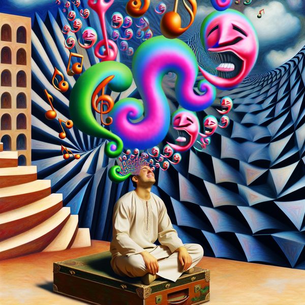 Surrealistische afbeelding van muziek en lachen als medicijnen tegen stress Een surrealistisch tafereel waarin muziek en lachen worden gepersonifieerd door kleurrijke elementen die in de lucht zweven. Een figure zit in kleermakerszit en geniet van de aura van vrolijke gezichten en muzikale noten.