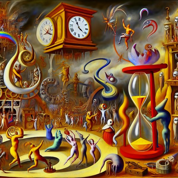 Surrealistische Nieuwjaarsviering met Bizarre Creaties Surreële afbeelding van de naderende nieuwjaarsviering met bizarre wezens, zoals antropomorfe klokken, dansende figuren rond een grote countdown-timer.