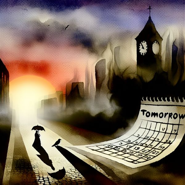 Ochtendscène van Tomorrow: Symboliek van Tijd en Verandering Surrealistisch ochtendlandschap met een opkomende zon en een personage dat naar een grote kalender kijkt in een stille stad.