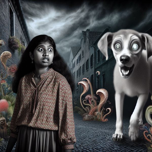 Jonge vrouw op een kasseistraat kijkt geschrokken naar een surrealistische hond met gloeiende ogen en lange ledematen.