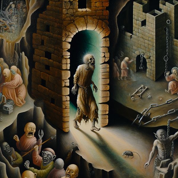 Surrealistische ontsnappingsscène in de stijl van Jheronimus Bosch: een uitgemergelde gevangene kruipt door een gat in een donkere kerker, omringd door bizarre wezens en symbolen van bevrijding