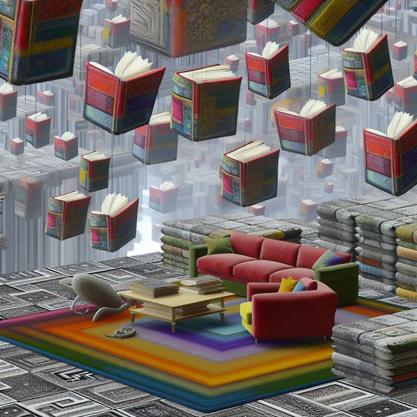 Surrealistische scène met kleurrijke, oversized boeken en karakters die voorwerpen optillen en ordenen