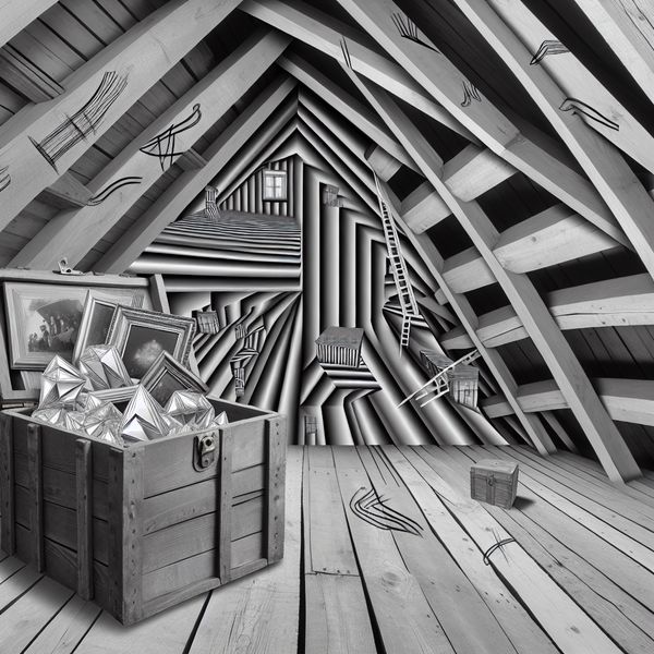 Surrealistische houten opslagkrat met onmogelijke constructies en gloeiende herinneringen, geïnspireerd op M.C. Escher, in een zolder met optische illusies