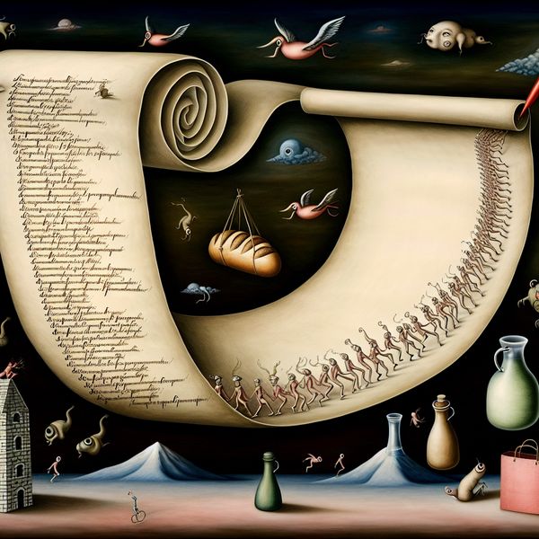 Fantastische opsomming: surrealistische boodschappenlijst in Bosch-stijl Surrealistische voorstelling van een boodschappen- of takenlijst die tot leven komt in de stijl van Hieronymus Bosch, met zwevende objecten en bizarre wezens