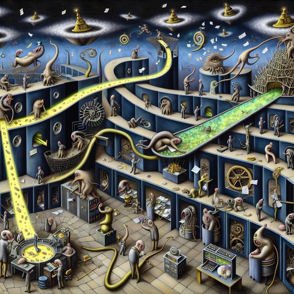 Surrealistisch bureaucratisch landschap in de stijl van Jheronimus Bosch, met hybride wezens in ambtsgewaden die taken uitvoeren in een labyrintisch kantoor, symbool voor een overheidsinstelling of bedrijfseenheid