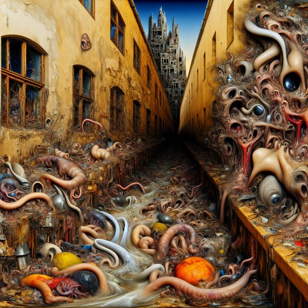 Surrealistische voorstelling van overvloed en aanwezigheid in een donkere steeg Surrealistisch tafereel van een overvolle goot vol afval en groteske wezens, symboliserend aanwezigheid in grote hoeveelheden
