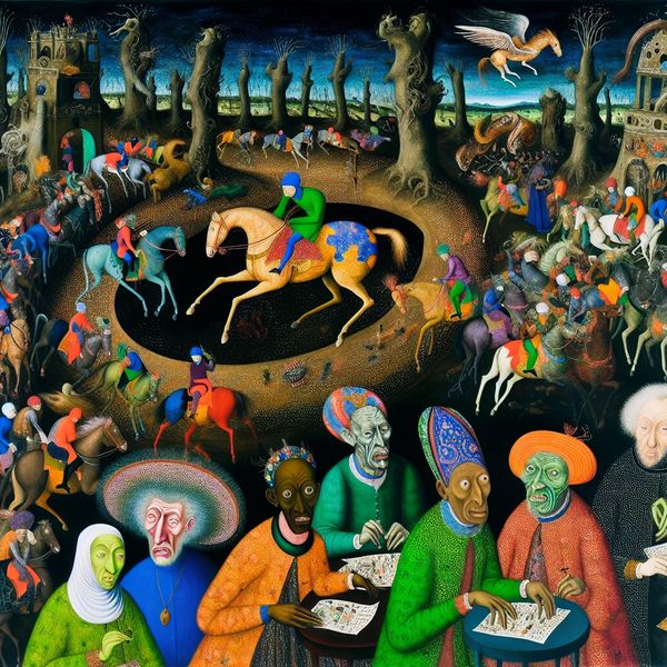 Surrealistische afbeelding van een paardenrace met diverse karakters die hun weddenschappen plaatsen, omringd door bizarre wezens.