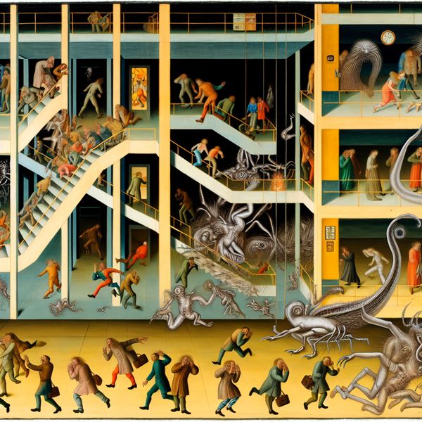 Surrealistisch tafereel van een paniekerige menigte in een donker gebouw tijdens een noodsituatie, met angstaanjagende wezens en rook, geïnspireerd op Hieronymus Bosch