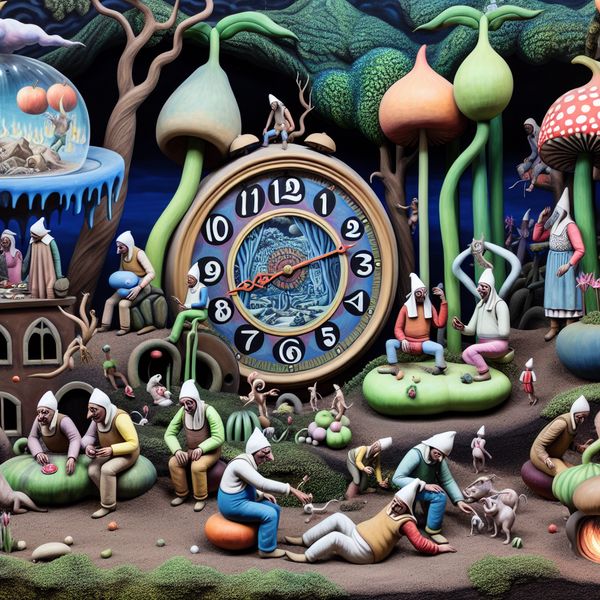 Een surrealistisch tafereel met arbeiders die een pauze nemen in een bizarre landschap, omringd door vreemde wezens en gigantische vruchten.