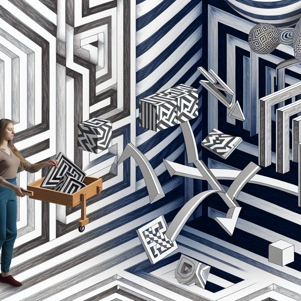 Een surrealistisch beeld van een persoon die actief bezig is met abstracte objecten en taken, omringd door een labyrint van illusies.