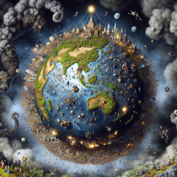 Surrealistisch kunstwerk in de stijl van Hieronymus Bosch dat de kwetsbare planeet Aarde toont als een gloeiende bol in de donkere kosmos, omringd door symbolische figuren die bescherming en bedreiging vertegenwoordigen
