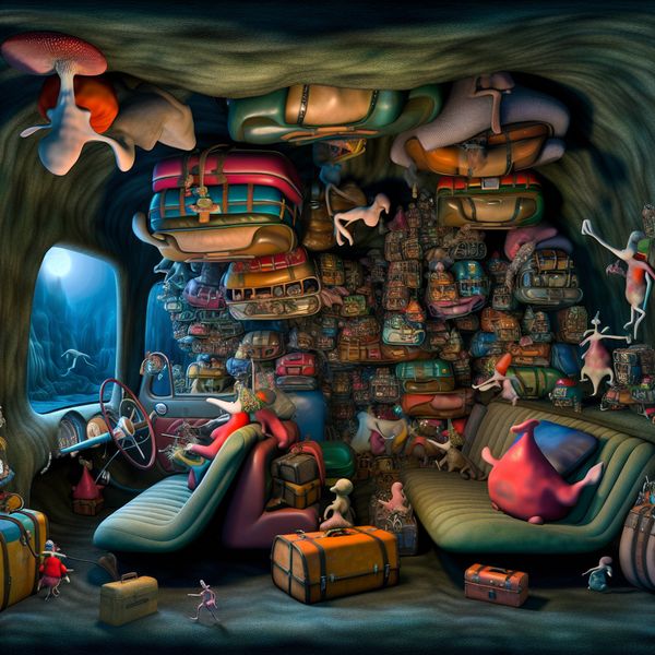 Surrealistische voorstelling van 'plek' in een auto - taal leren Nederlands Surrealistisch interieur van een auto vol bizarre, zwevende tassen en koffers in de stijl van Hieronymus Bosch, symbool voor voldoende plek of ruimte