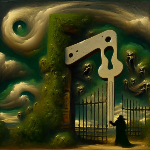 Surrealistische Poort met Half Gebroken Slot als Beveiliging Een surrealistisch tafereel van een grote poort met een half gebroken slot, omringd door bizarre wezens in een dromerige bosachtige omgeving.