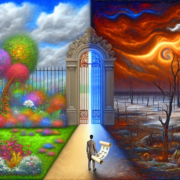 Surrealistische poort en voorwaarden in de natuur Surrealistische afbeelding van een grote, gedeeltelijk geopende poort met een uitnodigende tuin links en een kale woestenij rechts, met een persoon die een perkament met regels vasthoudt.
