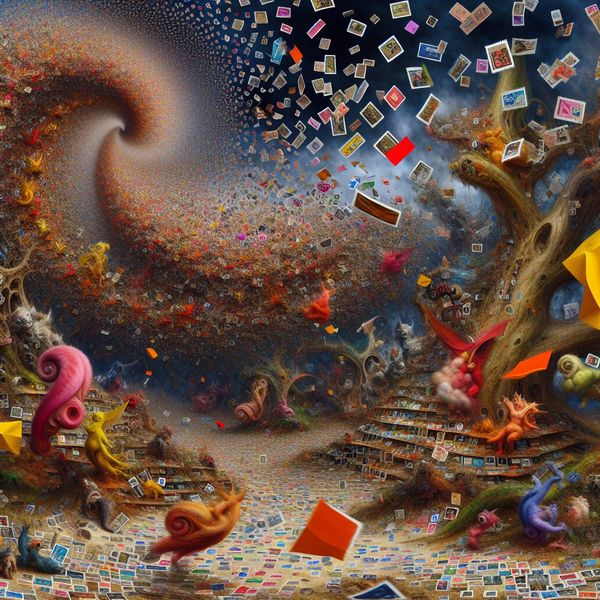 Surrealistische postzegelhoop: verzamelen in een droomwereld Surrealistisch tafereel van een enorme, chaotische hoop kleurrijke postzegels die in de lucht zweven, omringd door bizarre wezentjes in een droomachtige tuin in de stijl van Jheronimus Bosch