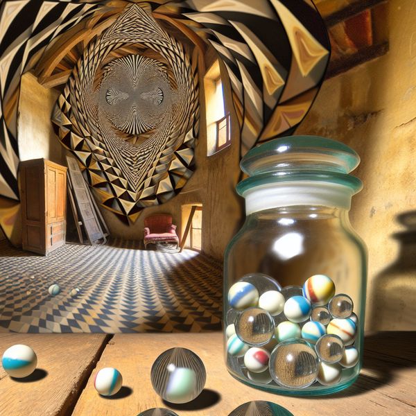 Surrealistische Scene van een Potje met Knikkers op Zolder Een surrealistisch beeld van een klein potje met knikkers op een houten zoldervloer, omringd door geometrische vormen en optische illusies.