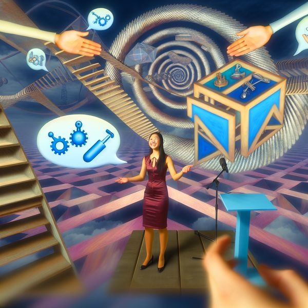 Surrealistische presentatie over samenwerking en teamwerk Een persoon presenteert met een podium in een surrealistisch geometrisch landschap geïnspireerd door M.C. Escher, met illusies van samenwerking en teamwerk.
