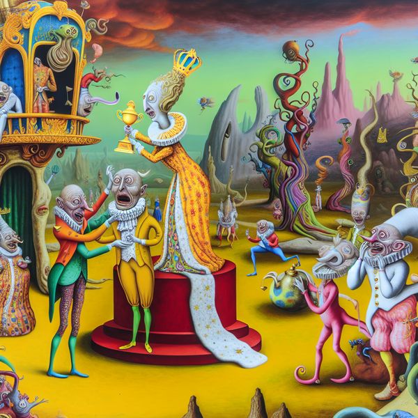 Een divers jury van surrealistische wezens reikt een gouden trofee uit aan een jubelende winnaar in een kleurrijke fantasiewereld.