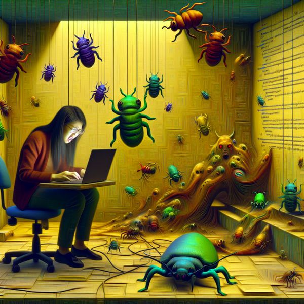 Een programmeur die wanhopig op een laptop werkt in een chaotisch kantoor vol bizarre wezens die softwarebugs symboliseren.