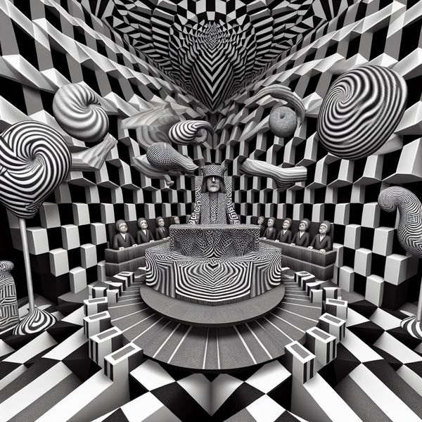 Surrealistische rechtszaal met een rechtersfiguur in M.C. Escher stijl, zittend op een geometrische bank met illusies eromheen.